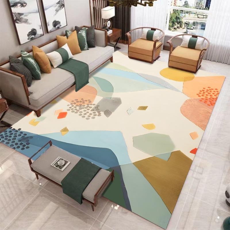 Minimalist Line Cream Style Home Floor Carpet for Living Room and Bedroom, Slip-resistant, Machine Washable Rugs for Bedroom