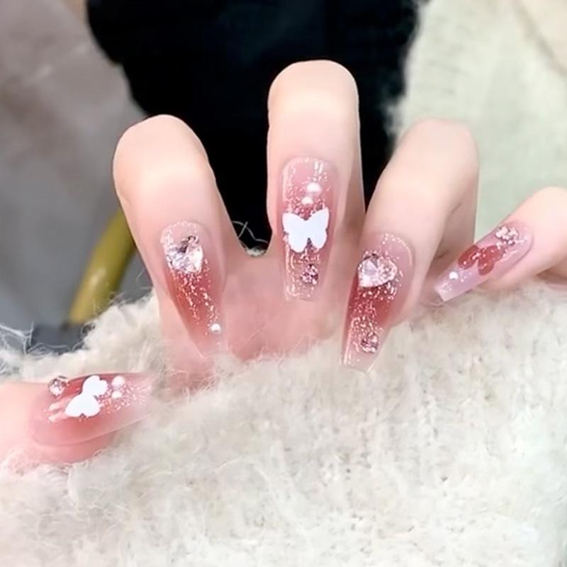 Fairy Butterfly Gradient Detachable Long Wearable Nails with Nail Art Stickers N5236 [Glue Version]