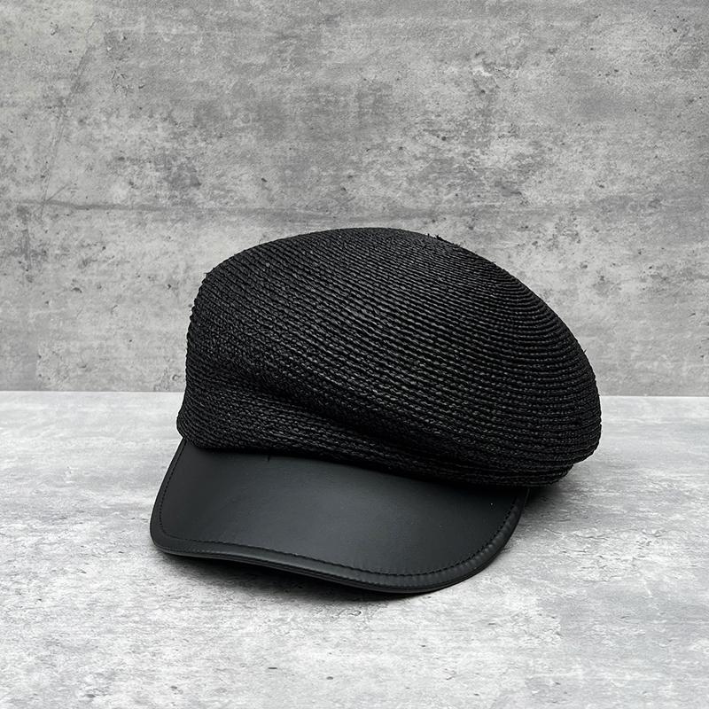 Lafite Grass Leather Brim Retro Sun Hat Female Face Small Cuties Traveling Slanted Top Straw Hat Foreign Style Equestrian Hat