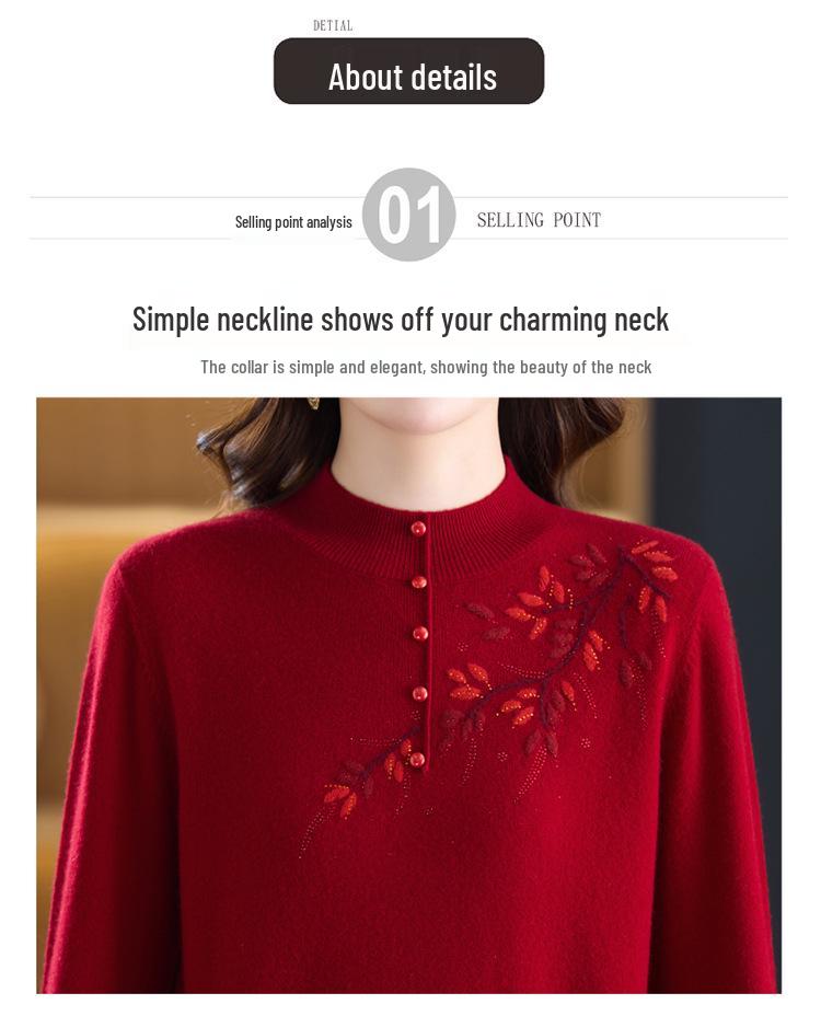 Stylish 100% Pure Wool Embroidered Sweater for Women - Autumn & Winter Half High Neck Knitted Sweater