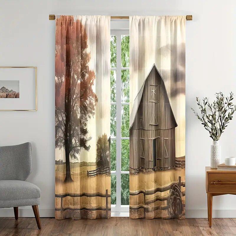 Set Of 2 Curtains Window Decorations Rural Tree Barn Pattern Prints Home Room Curtain Polyester