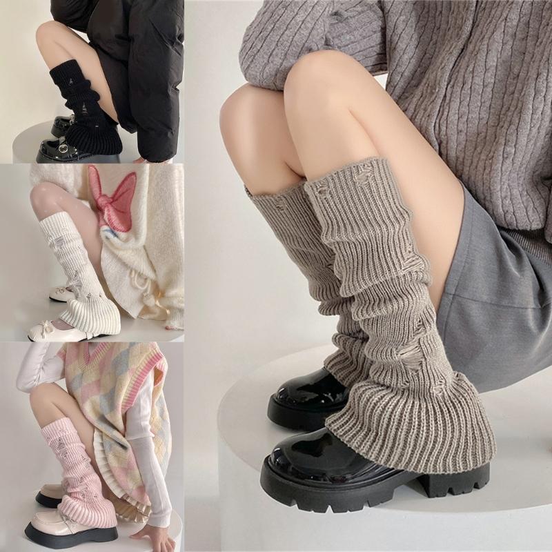 Polainas de Punto Acanalado Harajuku Huecas Desgastadas Agujeros Rasgados Cubre Piernas de Pierna Ancha Calcetines Largos Elásticos Acampanados para Mujer