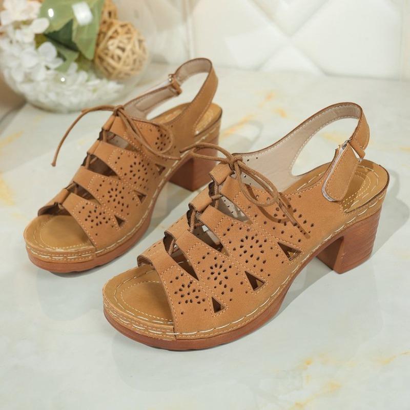 Roman Sandals Summer New Round Toe Open Toe Cutout Front Lace-Up Car Stitch Non-Slip Block Heel Shoes