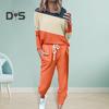 2 Pcs/Set Women Top Pants Suit Round Neck Long Sleeves Colorblock Sport Sweatshirt Drawstring Elastic Waist Trousers Fitness Outfit Fall Spring
