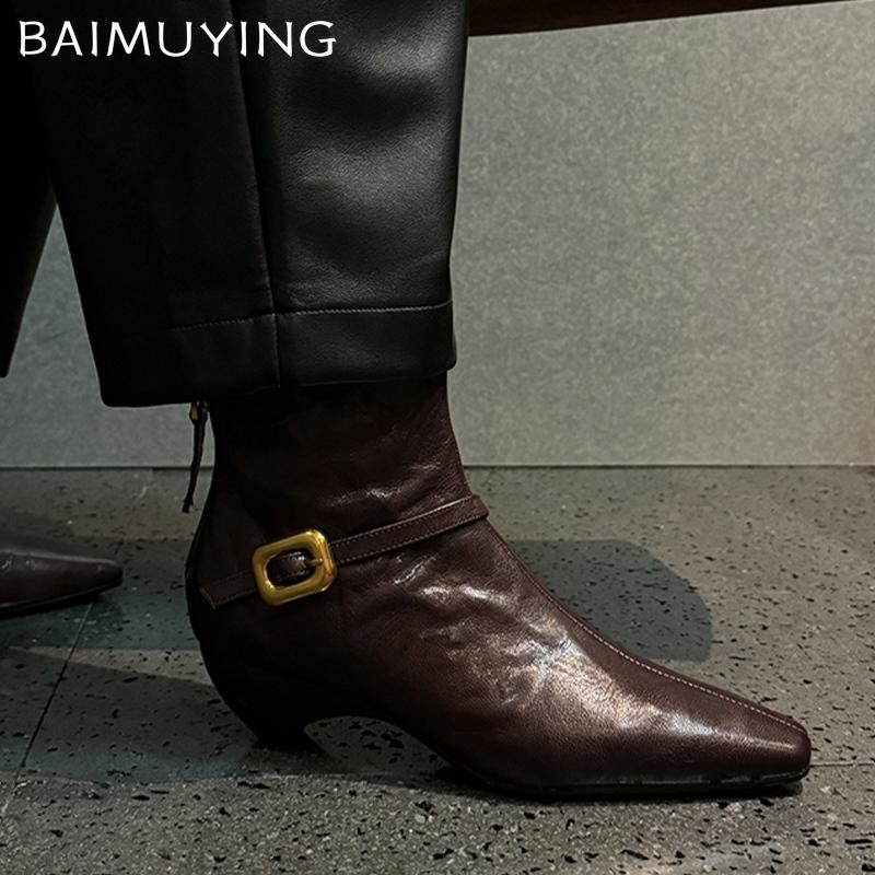 Pointed Toe Women Ankle Boots Designer Leather Mid Heels Shoes 2025 Trend Winter New Fashion Chelsea Boots Goth Botas De Mujer