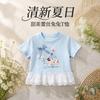 Girls Blue Cartoon Print Short Sleeve Top with Lace Trim Sweet and Stylish