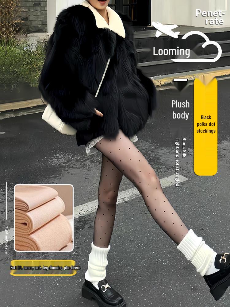 Polka Dot Black Fleece-Lined Fishnet Tights for Women – Double-Layer, See-Through Leggings for Autumn and Winter.