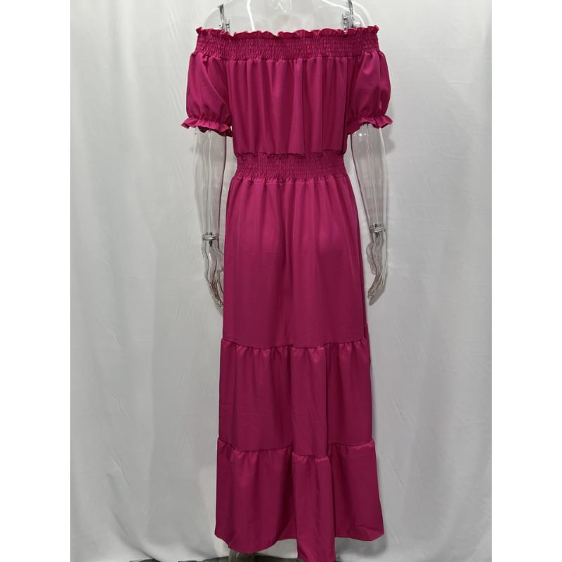 Off Shoulder Maxi Dress Short Sleeve Smocked Elastic High Waist Tiered Ruffle Flowy A-Line Casual Beach Vacation Daily Wear Solid Color Long Dress