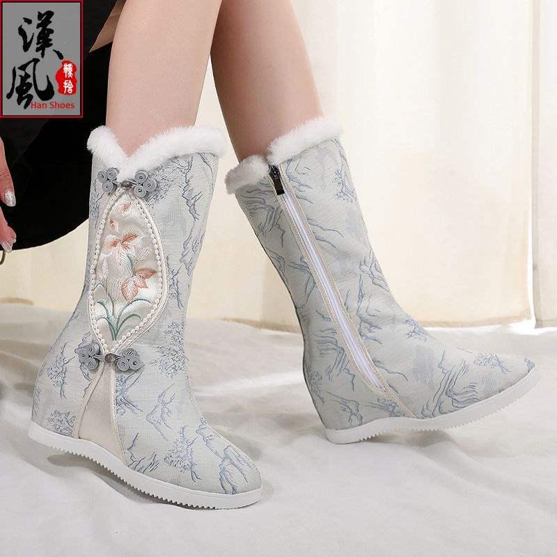 Vyšívané zimní Hanfu kozačky po kolena: Etnický styl, Plyšová bavlna, Vnitřní zvýšení výšky