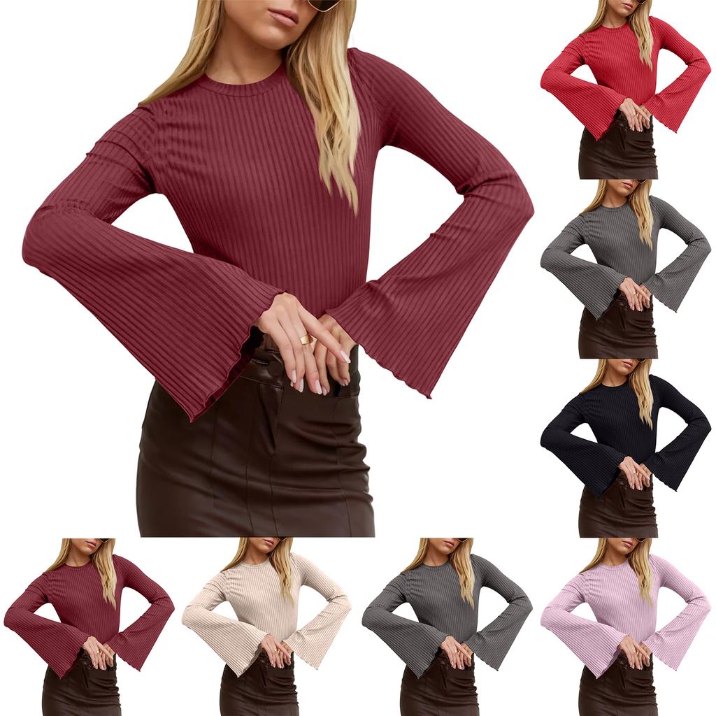 Dámský módní jednobarevný top s dlouhým rukávem a rozšířenými rukávy