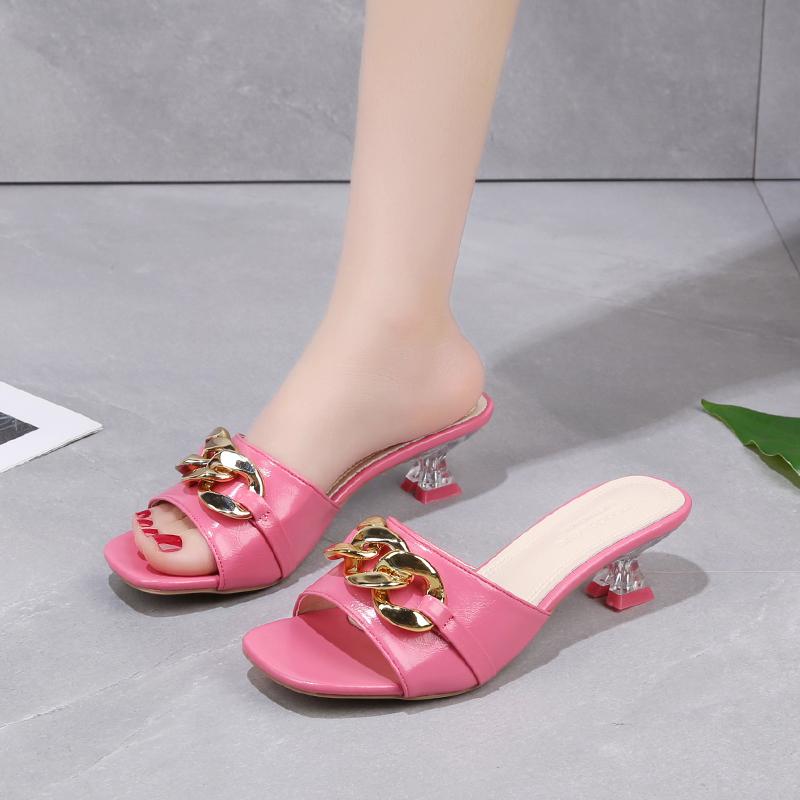 Women Slippers Mules Slides Shoes Female Clear Heels Sandals with Chain Low Heels Open Toe Outdoor Party Fashion Footwear Black