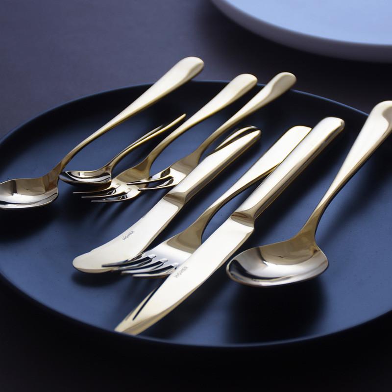 Gold Luxurious Stainless Steel Tableware, Knife, Fork, Spoon, Steak, Fish Dinner, Dessert, Salad, Coffee, Dinning Room
