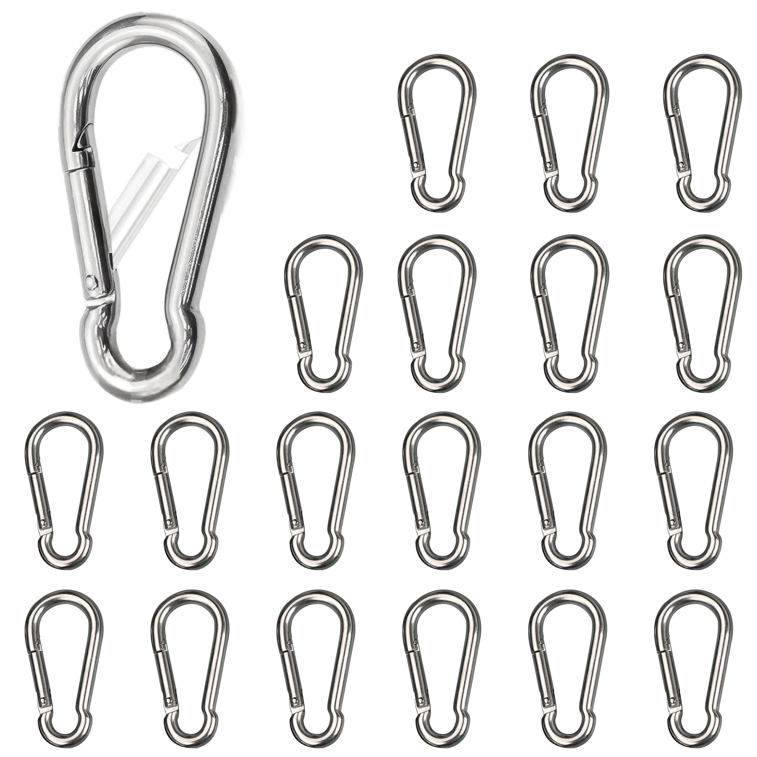 

East Leaf Stainless Steel Carabiner Hooks, Keychains, 80kg Load Capacity, 8cm, Set of 20, Silver