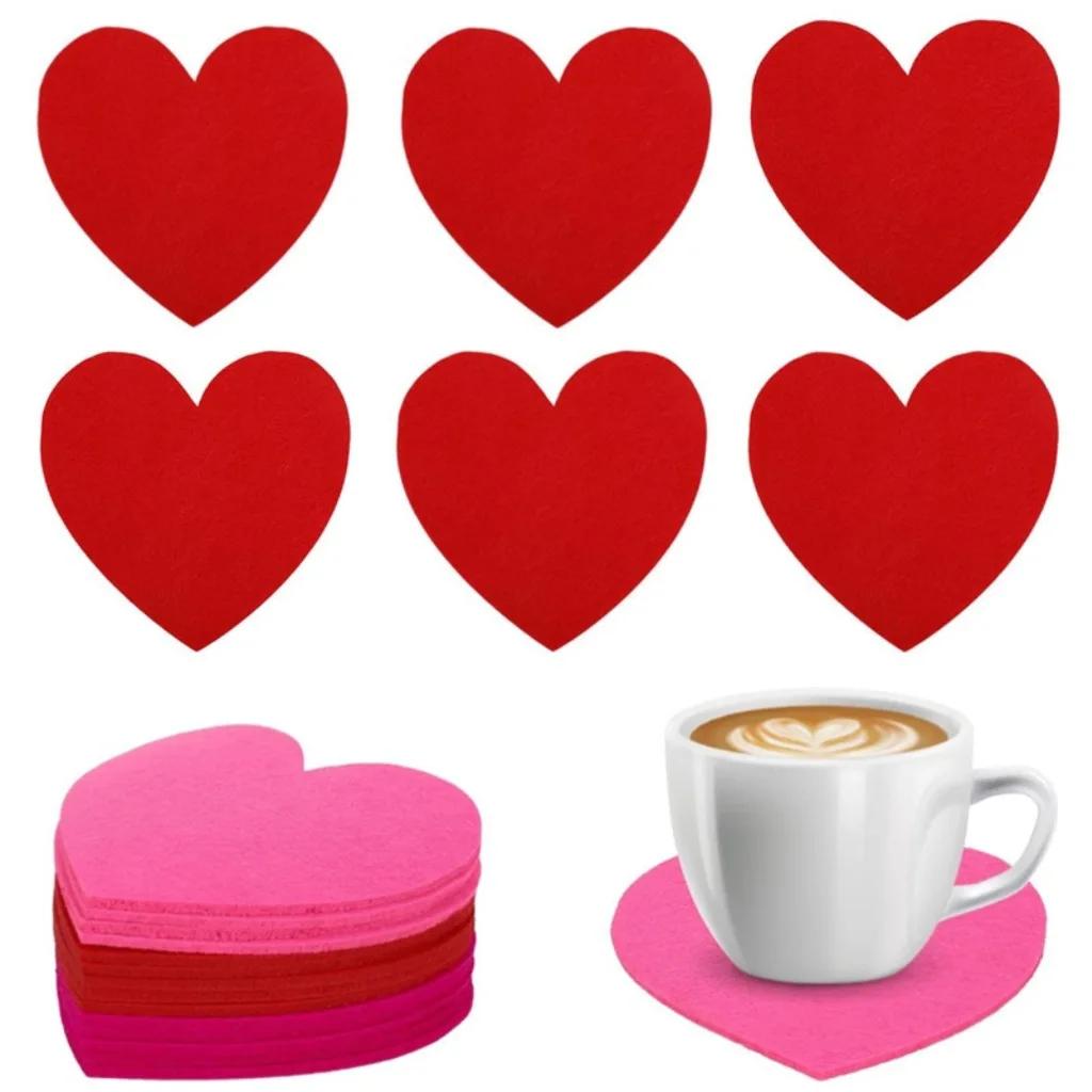 10pcs Valentine's Day Cup Mats Set Felt Love Theme Coaster Tableware Knife Fork Mat Set Romantic Party Decor Wedding Decoration