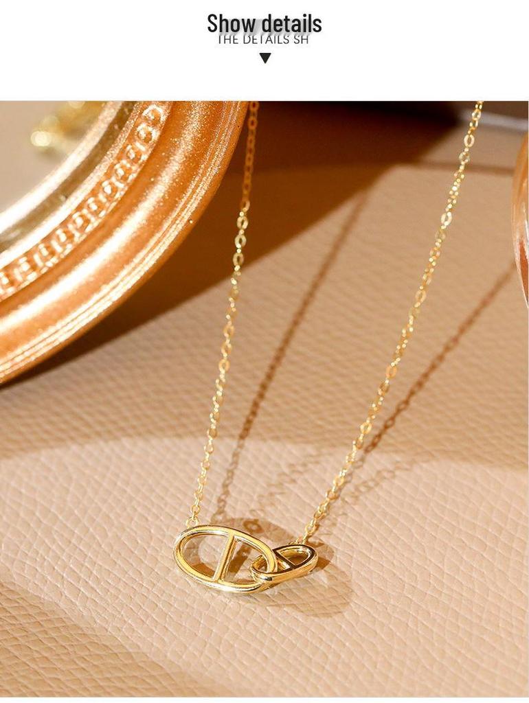 Collier Double Anneau Nez de Cochon en Argent Sterling S925 - Chaîne Clavicule de Luxe Chic pour Femme, Cadeau de Noël Parfait