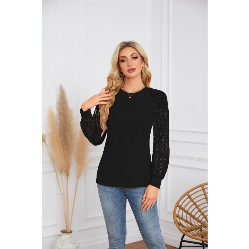 

Літня нова стильна блузка-сорочка з кружевними вставками, круглим вирізом, плісе та довгими рукавами для жінок S чорний