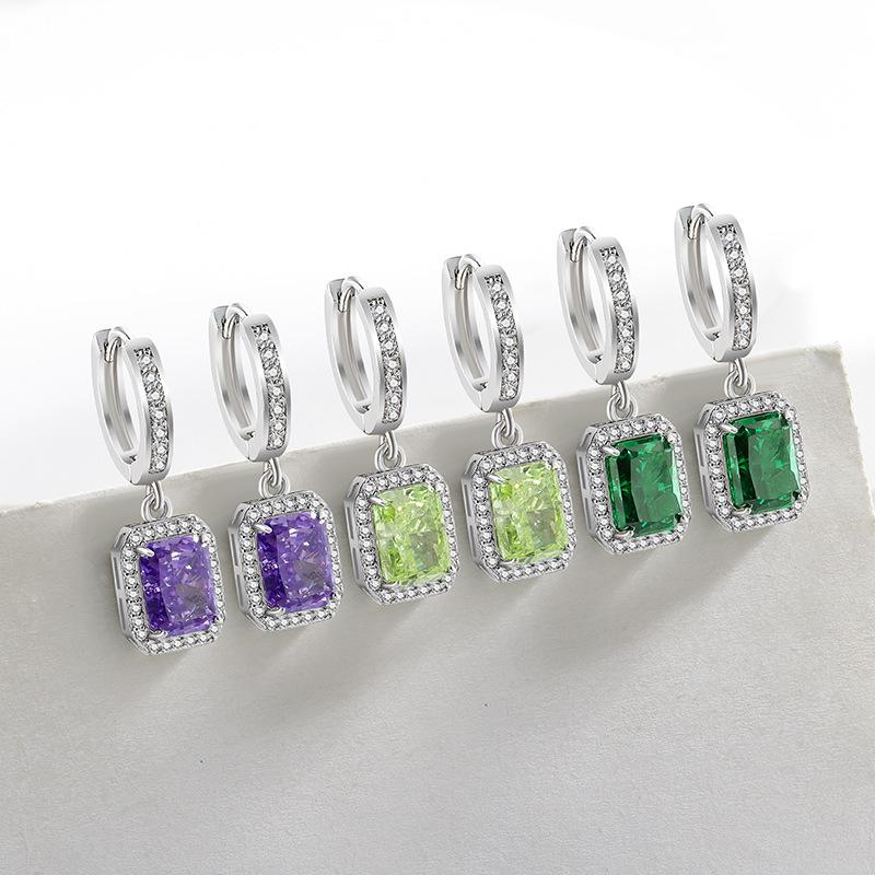 2026 Colored Treasure Ice Flower Cut High Carbon Diamond Square Earrings Plated with Real Gold Smart Luxury Ear Hook Ear Jewelry