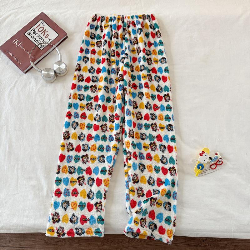Hello Kitty Coral Fleece-Lined Flannel Pajama Pants for Women - Warm Autumn/Winter Style