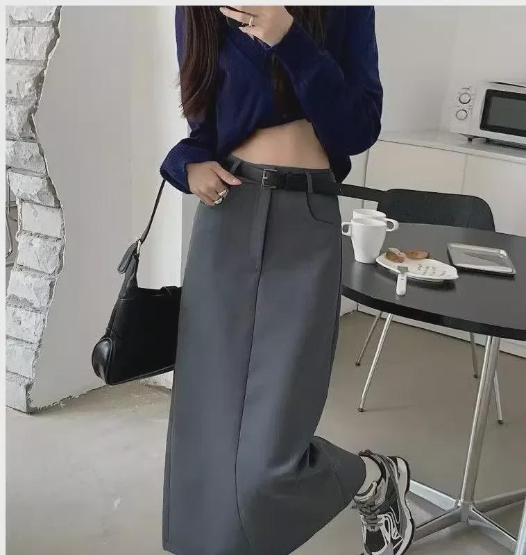 Women's Retro Gray High-Waist Slim Straight Skirt - Versatile Spring/Summer Mid-Length