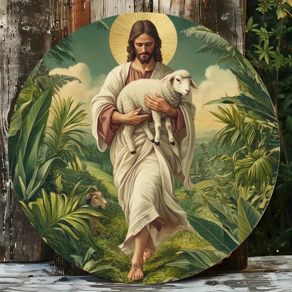Vintage Metal Wall Art Jesus Shepherd Tropical Landscape 8x8 Inch Wall Decor 20x20