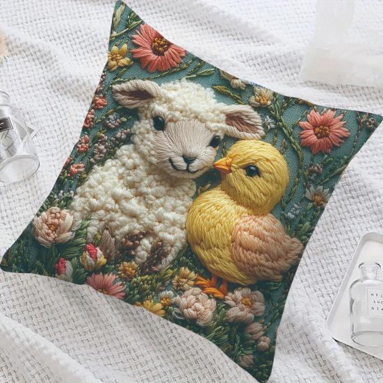 Easter Bunny Pillowcase Imitation Embroidery Lamb And Chick Print Pillowcase Farmhouse Throw Pillow Cover for Parties Living Room Couch Sofa Decor