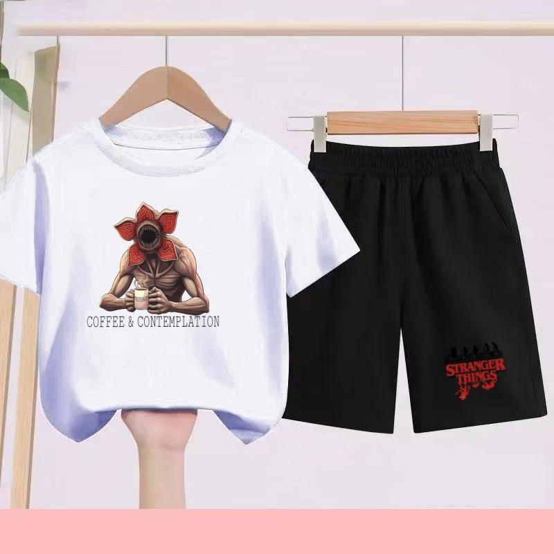 Children's Summer Set with Cartoon Monster Patterns - Boys' and Girls' Sports T-shirts and Casual Short-sleeved Shorts Sets