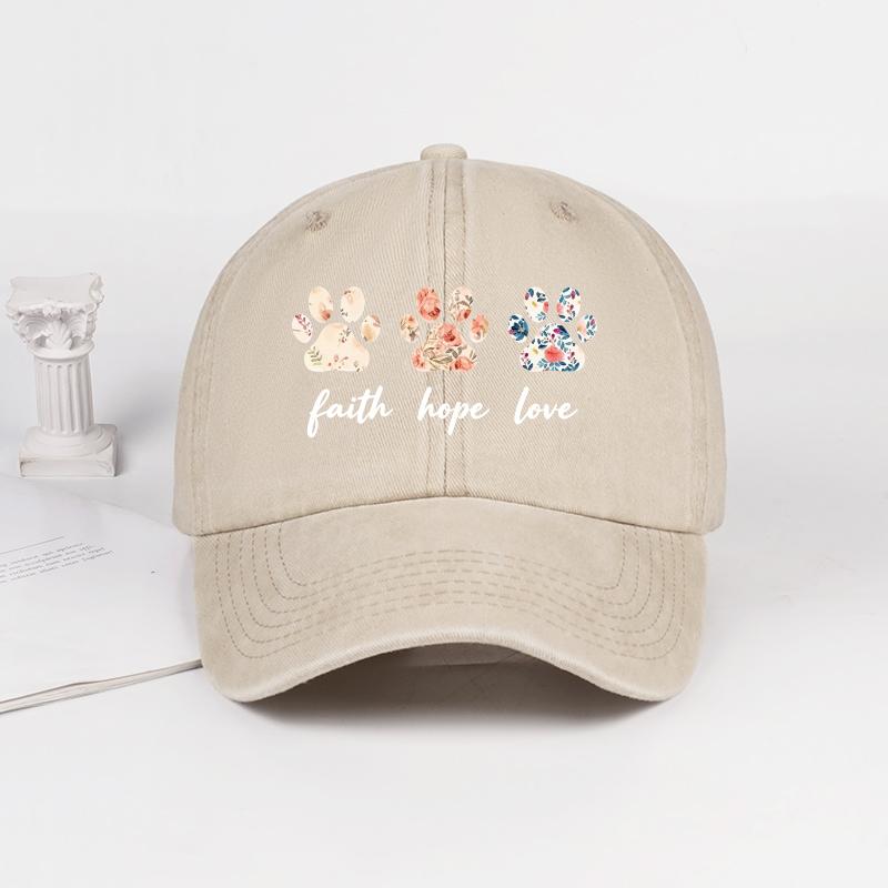 Floral Paw Print Baseball Cap Faith Hope Love Washed Cotton Adjustable Dad Hat Pet Lover Vintage Sun Hat
