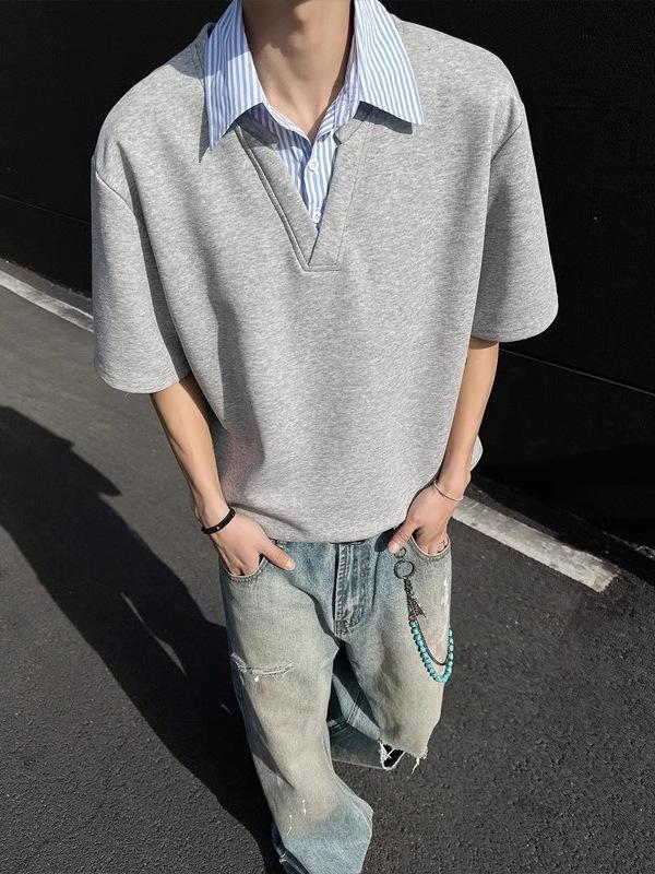 Men's Casual Layered Look Shirt Collar Short Sleeve Tee Summer New Style Loose Fit Designer Top