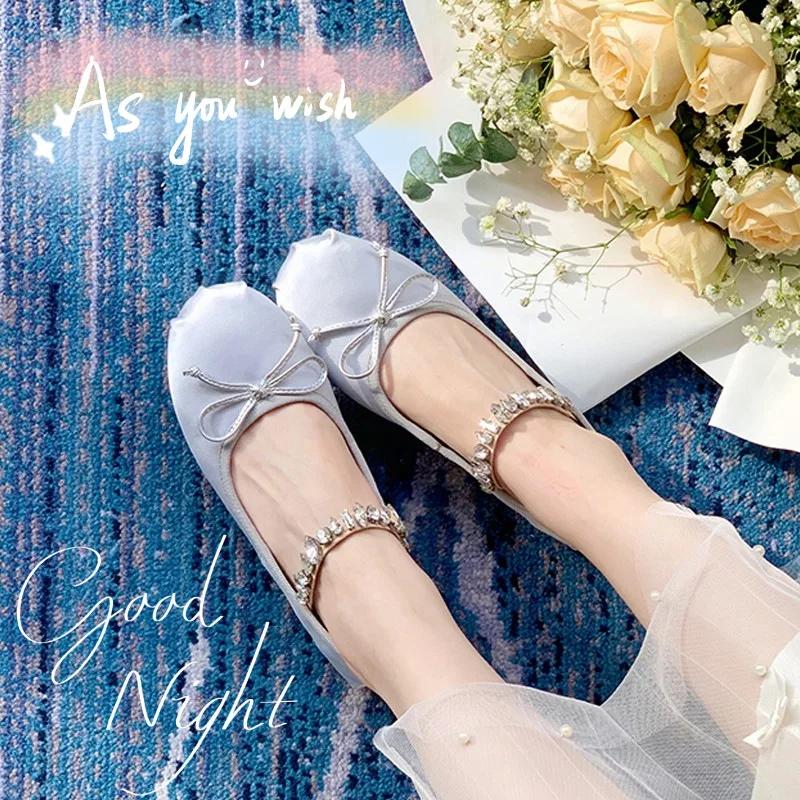 Fashion Elastic Rhinestone Band Mary Janes Woman Bowtie Silk Ballets Shoes Ladies Round Toe Flats Female Loafers Wedding Brides Shoes