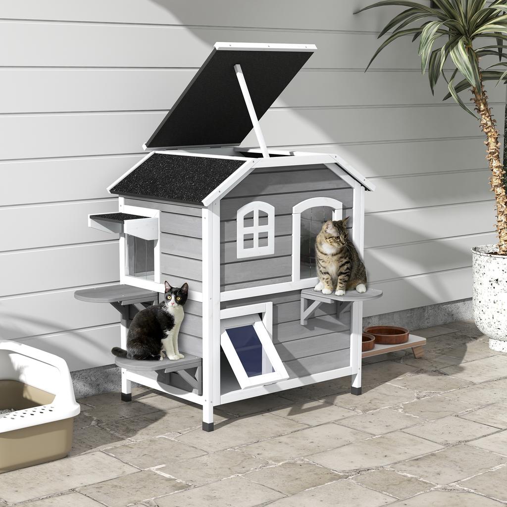 Outdoor Cat House, Wooden Shelter, 2 Stories, Bitumen Roof, 99.5 x 76 x 91 cm, Grey