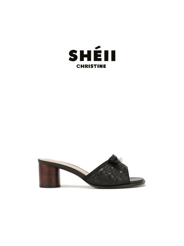 Su Yinyin's Same Pearl Bow Thick High-heeled One-word Slippers Women's Summer Round Head Embroidery Thread Versatile Open-toed Cool Slippers