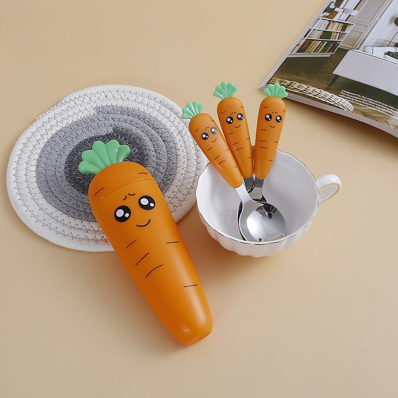 Children's Cartoon Radish Stainless Steel Tableware Set - Spoon, Fork, and Scraper with Portable Case.