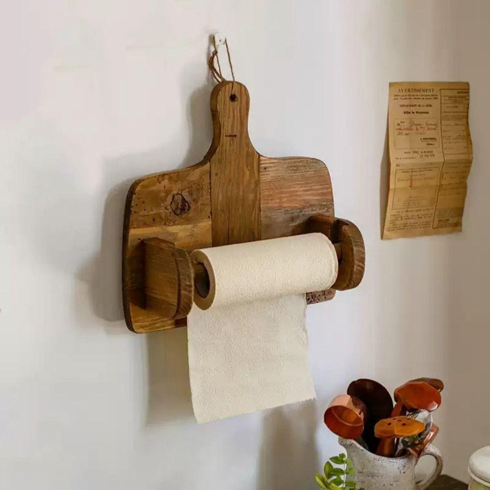 Natural Wood Roll Paper Holder Cutting Board Shape Wall Mounted Toilet Paper Holder Vintage Rustic Paper Towel Holder Bathroom