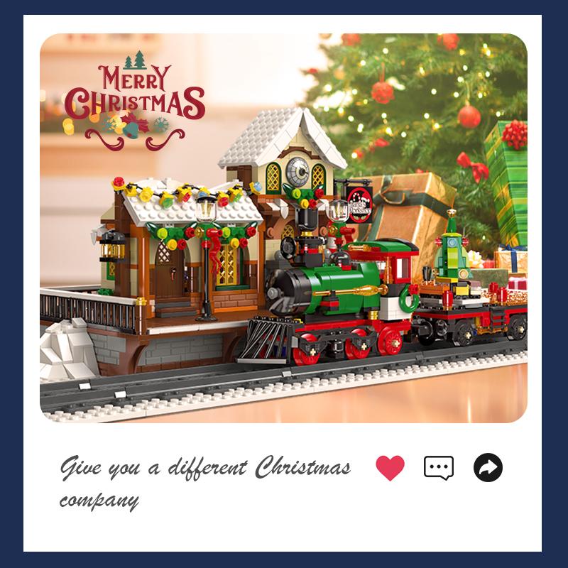 Non-Toxic New Creative Christmas Train Station Architectural Scenery Building Blocks Bricks Model Assembly Diy Toys For Kid Christmas Gift