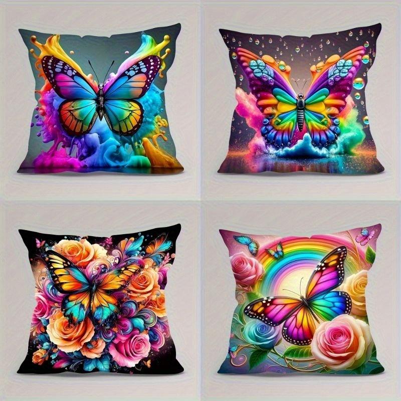 4pcs Butterfly Rose Art Theme Digital Printing Pillow Cover Short Plush Suitable Living Rooms Bedrooms Sofas Throw Cushion Cover