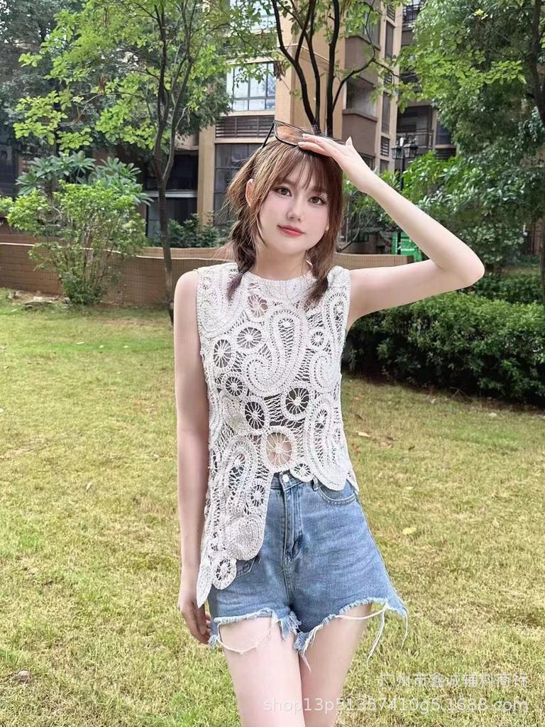 Summer Spice Girl Design Sense Crochet Hollow Suspender Women's Knitted Vest Vest Outside Sleeveless Blouse Top
