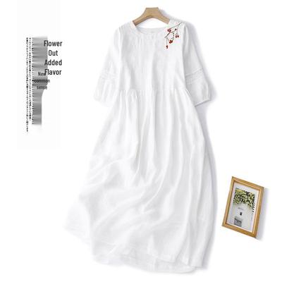 Women's White Embroidered Ramie Dress with Lantern Sleeves