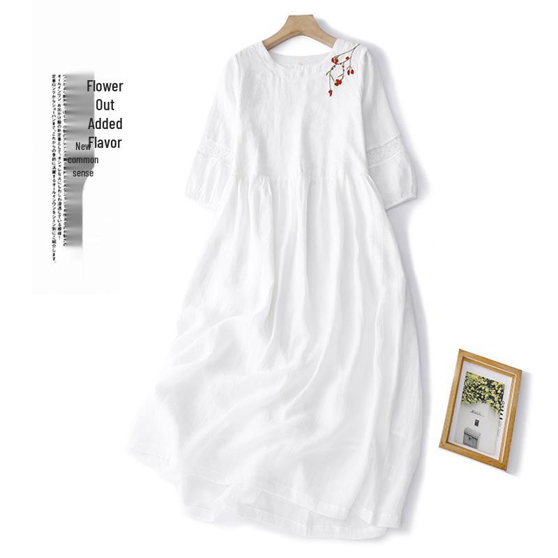 

Женское белое платье из рами с вышивкой и рукавами-фонариками 2XL