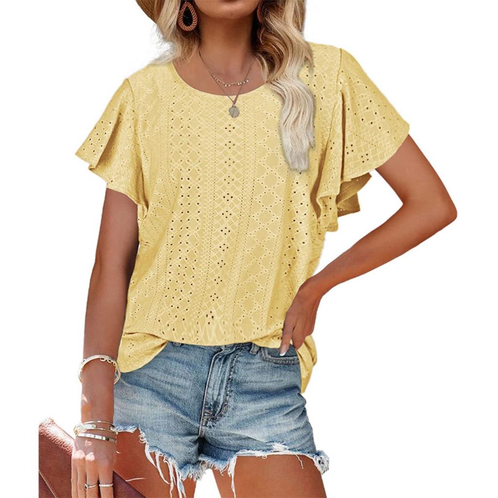 Summer New Women's Loose Round Neck Ruffle Sleeve Casual Chiffon T-shirt Top, European & American Style
