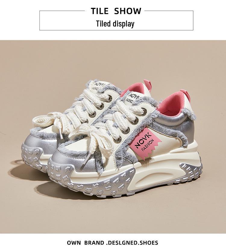 2025 Women's Colorblock Genuine Leather Casual Shoes with Thick Sole and Height Increase