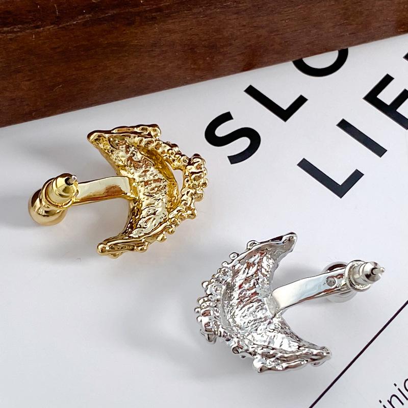 Irregular Crescent Moon Boat Earrings: European American Design, Detachable Two-Way Wear, Retro Lava Studs for Women.
