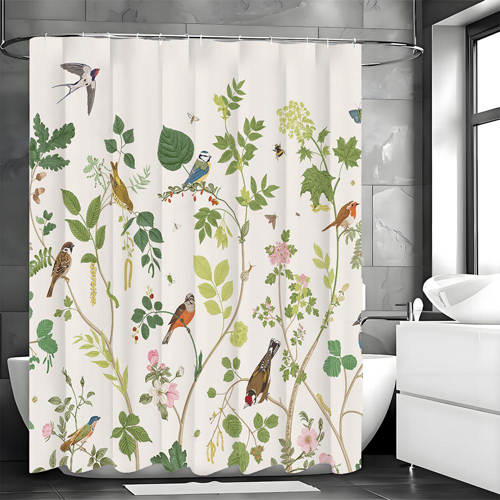 Větev stromu Zelený list Květina Pták Sprchový závěs, Koupelnový dekorativní sprchový závěs, Vodotěsný sprchový závěs s háčky