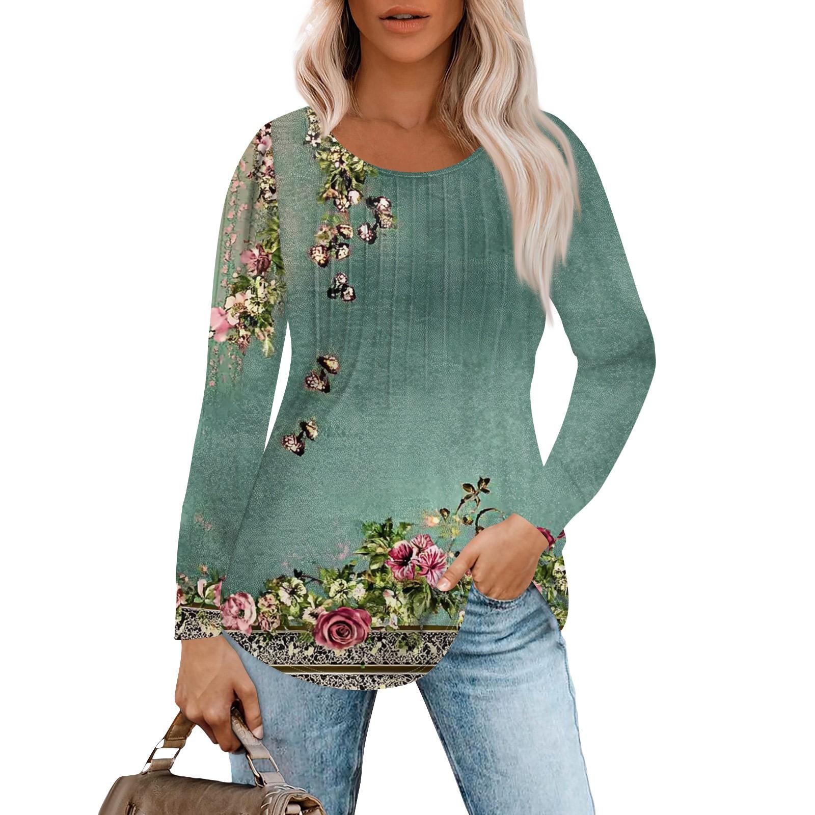 

Женская модная повседневная плиссированная футболка с круглым вырезом и принтом, с длинным рукавом XL небесно-голубой