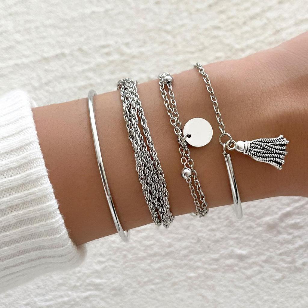 Trendy Black Turquoise Pattern Bracelet Set: European-American Style, Handmade 4-Piece