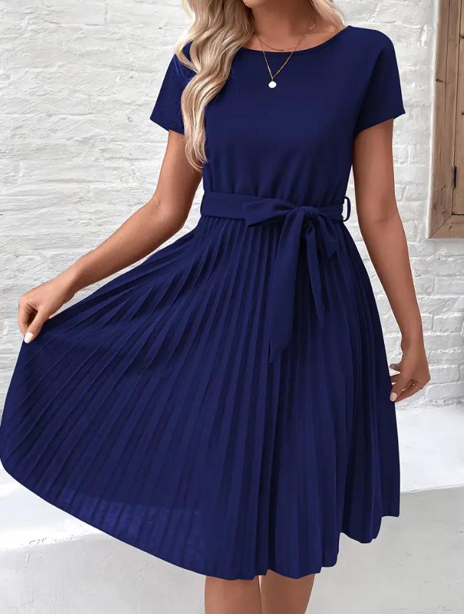 Vestido Feminino Europeu e Americano de Verão 2025 com Renda de Amarrar Plissado - Cor Sólida.