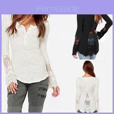 Elegant Lace Stitching Women's T-shirt Slim Fit Long Sleeve Cotton Top