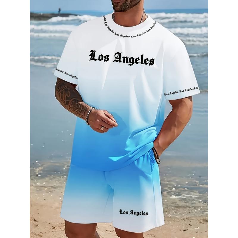 3D Print American Beach Style, 1 Set of 2pcs, T-Shirt + Shorts