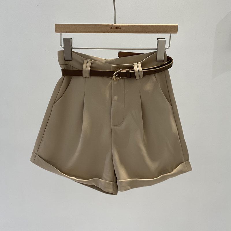 

Женские летние шорты от костюма хаки высокого класса 2024: Корейский стиль, Повседневный, Приталенный, С манжетами, С высокой посадкой, Широкие брюки. M