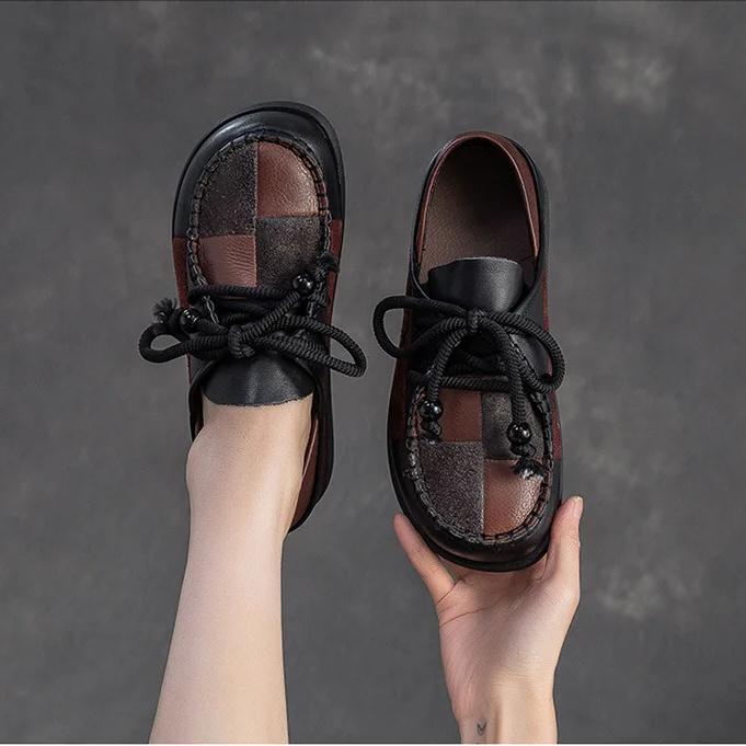 Johnature Retro Genuine Leather Mixed Colors Versatile Comfortable Casual Women's Flat Shoes