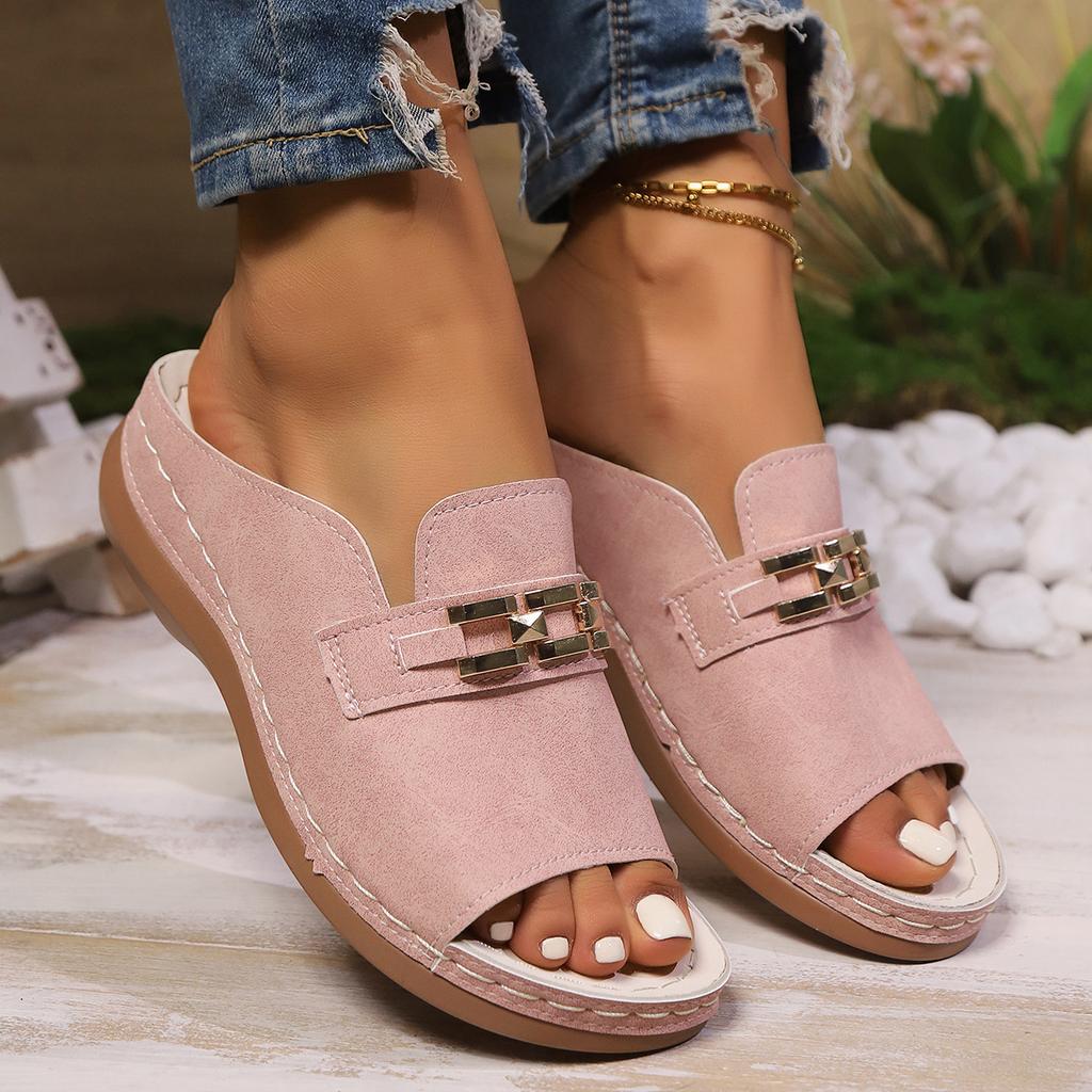 Damenmode Bedruckte Schuhe, Plateau-Keilabsatz-Slipper mit Schnallenverzierung, Schlupf-Hausschuhe, Damen-Außenschuhe